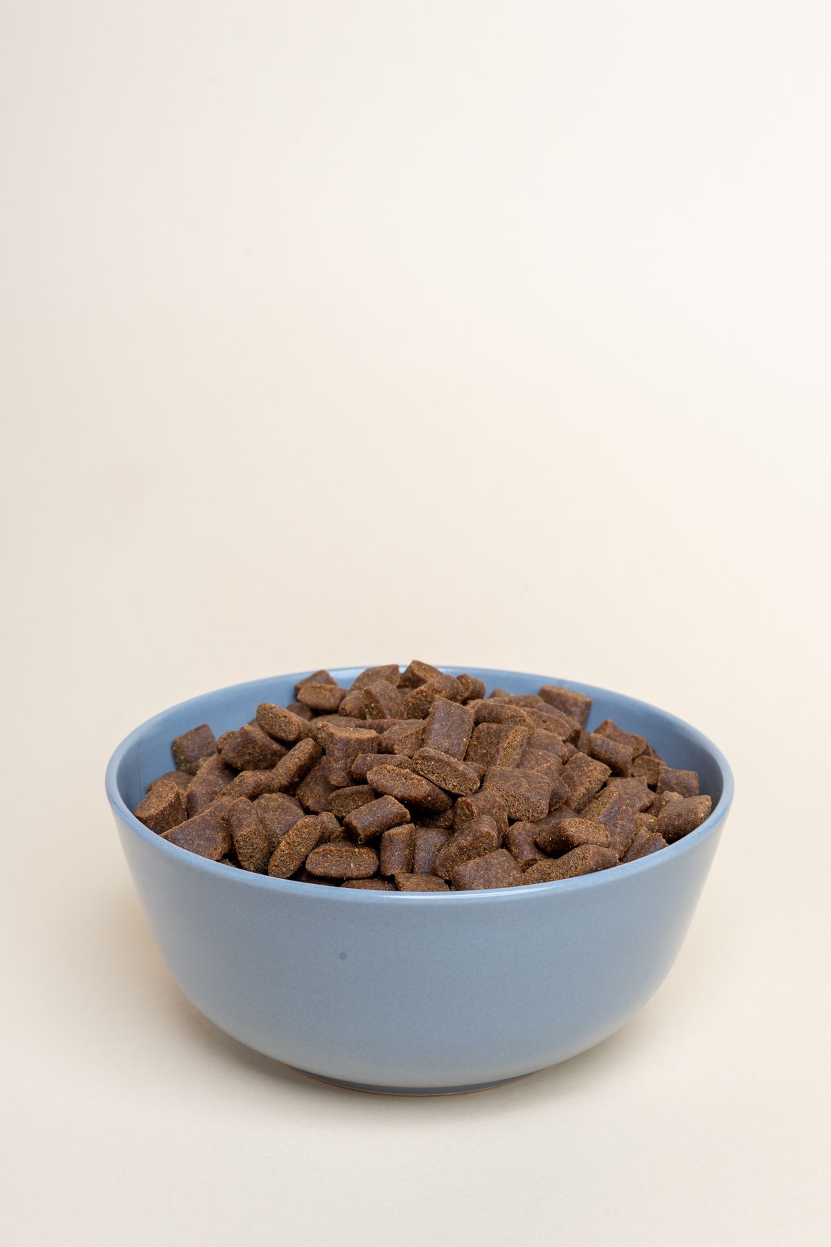 A blue bowl filled with dry pet food on a cream background